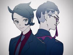  2boys black_hair black_jacket closed_mouth collared_shirt commentary_request corbeau_(pokemon) formal_clothes grey_eyes grey_necktie highres jacket lapels looking_back male_focus multiple_boys necktie notched_lapels open_clothes open_jacket parted_hair paxton_(pokemon) pokemon pokemon_legends:_z-a red_shirt shirt short_hair short_sideburns smile suit_jacket teeth upper_body urup_zzz wing_collar 