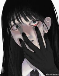  1girl absurdres alternate_costume artist_request black_gloves black_hair black_necktie blunt_bangs collared_shirt constricted_pupils crazy_eyes eyelid_pull gloves hand_on_own_face head_tilt highres like_mother_like_daughter long_hair long_sleeves necktie parted_lips pink_lips school_uniform shade shirt simple_background solo somyung&#039;s_mother_(like_mother_like_daughter) spoilers suit surprised teeth upper_body watermark weibo_watermark white_background white_shirt wide-eyed 