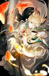  1boy absurdres alkaid_mcgrath alkaid_mcgrath_(myths_wonders) animal_ear_piercing animal_ears blonde_hair chinese_clothes chinese_commentary cloud_print dated ear_covers earrings fish forehead_jewel fox_boy fox_ears fox_tail gem gold_collar gold_earrings goldfish green_eyes green_gemstone green_ribbon hair_between_eyes hanfu highres hugging_object implied_extra_ears jewelry kemonomimi_mode long_sleeves looking_at_viewer lovebrush_chronicles male_focus medium_hair multiple_tails nnnnnova official_alternate_costume parted_lips pillar procreate_(medium) red_sash ribbon ribbon_earrings sash smile solo tail upper_body wide_sleeves xiangyun 