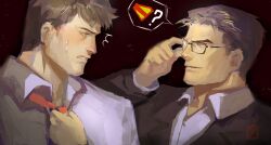  2boys ? adjusting_eyewear arm_up batman_(series) black-framed_eyewear black_background black_hair black_jacket bruce_wayne clark_kent clothes_grab collared_shirt commentary dc_comics english_commentary glasses image_in_speech_bubble jacket male_focus multiple_boys necktie necktie_grab neckwear_grab nervous_sweating open_collar rectangular_eyewear red_necktie shirt short_hair short_sideburns simple_background suit_jacket superman_(series) superman_logo sweat white_shirt wing_collar yoinorii 
