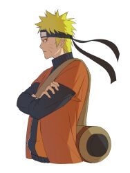  1boy blonde_hair coat crossed_arms facial_mark forehead_protector from_side h0dongkang highres jacket konohagakure_symbol long_sleeves male_focus naruto_(series) naruto_shippuuden open_clothes open_coat red_coat scroll sennin_mode short_hair solo spiky_hair upper_body uzumaki_naruto whisker_markings white_background 