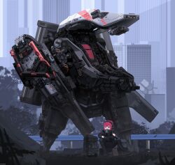  1girl absurdres backpack bag blue_eyes cityscape cqcnorthfish cup drinking ear_protection gloves guard_rail highres holding holding_cup knee_pads long_sleeves mecha mug open_cockpit original red_hair robot sitting tree 