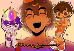  &gt;_&lt; 2boys :d :q ^_^ antenna_hair arms_up ball bare_arms bare_legs bare_shoulders barefoot beachball black_mouth bright_pupils brown_eyes brown_hair character_name checkered_clothes checkered_shirt chromatic_aberration closed_eyes closed_mouth colored_skin dark-skinned_male dark_skin dot_nose double-parted_bangs dual_persona facing_viewer fangs food full_body grin hair_behind_ear hair_between_eyes happy_birthday highres holding holding_ball holding_beachball holding_food holding_pizza kel_(faraway)_(omori) kel_(headspace)_(omori) kel_(omori) leg_hair looking_at_food lyuz_(justtoseemeplea) male_focus multiple_boys omori open_mouth orange_shoes orange_shorts orange_tank_top pizza pizza_slice portrait purple_hair purple_shorts shirt shoelaces shoes short_hair shorts simple_background sleeveless sleeveless_shirt smile tank_top teeth thick_eyebrows tongue tongue_out white_pupils white_skin yellow_background 