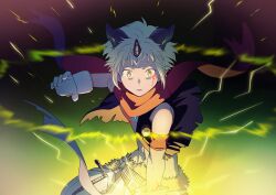  1boy aegiomon animal_legs black_vest body_fur body_markings chest_jewel cowboy_shot digimon digimon_(creature) electricity facial_mark grey_hair horns male_focus no_shirt pointy_ears red_scarf scarf solo vest yuu_(pixiv3042074) 