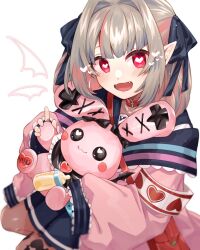  1girl aqua_belt armband bag belt belt_collar blue_ribbon blue_sailor_collar blue_skirt blush collar collarbone colored_inner_hair commentary debitto_(makaino_ririmu) drill_hair fangs feet_out_of_frame grey_hair hair_intakes hair_over_shoulder hair_ribbon handbag heart heart-shaped_pupils highres holding holding_stuffed_toy jacket leg_tattoo long_hair looking_at_viewer loose_belt makaino_ririmu makaino_ririmu_(4th_costume) miniskirt multicolored_hair nijisanji off_shoulder open_mouth pink_hair pink_jacket pink_streaks pleated_skirt pointy_ears red_bag red_collar red_eyes ribbon sailor_collar sakana2434 school_uniform serafuku shirt shoulder_bag sidelocks simple_background skirt sleeves_past_wrists smile solo squatting streaked_hair stuffed_animal stuffed_rabbit stuffed_toy symbol-only_commentary symbol-shaped_pupils tattoo two-tone_hair two_side_up virtual_youtuber white_background white_shirt winged_heart winged_heart_tattoo 