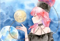  1girl 2zuz4hru artist_name bare_shoulders black_choker black_hat black_shirt blue_background blunt_bangs breasts chain choker closed_eyes closed_mouth collarbone colored_inner_hair commentary_request earth_(ornament) hand_up hat hecatia_lapislazuli medium_breasts medium_hair moon_(ornament) multicolored_hair off-shoulder_shirt off_shoulder painting_(medium) purple_hair red_hair shirt short_sleeves simple_background solo t-shirt touhou traditional_media underworld_(ornament) upper_body watercolor_(medium) watermark 