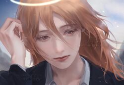  1boy angel angel_devil_(chainsaw_man) bluesky_username chainsaw_man collared_shirt commentary_request eyelashes hair_between_eyes halo jacket korean_commentary lips long_sleeves male_focus seagnalis shirt solo suit_jacket twitter_username white_shirt 