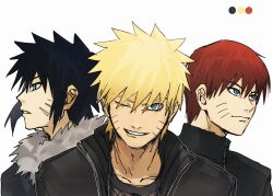  3boys alternate_hair_color alternate_hairstyle black_hair black_jacket blonde_hair blue_eyes color_guide commentary facial_mark fur-trimmed_jacket fur_trim grin highres jacket male_focus multiple_boys naruto:_road_to_ninja naruto_(series) naruto_shippuuden notane_n one_eye_closed red_hair smile uzumaki_menma uzumaki_naruto whisker_markings 
