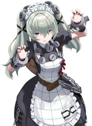  1girl absurdres apron belt black_dress black_necktie chain claw_pose corin_wickes dress green_hair hairband hashtag-only_commentary highres long_hair looking_at_viewer maid maid_apron maid_headdress metal_hairband metal_wrist_cuffs necktie open_mouth riarts16 screw_hair_ornament simple_background solo twintails twitter_username violet_eyes white_apron white_background zenless_zone_zero 