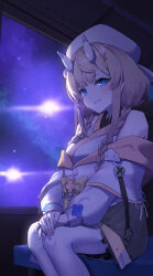  1girl absurdres bare_shoulders black_skirt blonde_hair blue_eyes blue_horns blush braid coat coat_partially_removed feet_out_of_frame flower_knot hair_ornament hair_over_shoulder hakama hakama_skirt hands_on_lap hat headset highres horns japanese_clothes kadou_mikaru kimono layered_sleeves legs_together lightning_bolt_hair_ornament lightning_bolt_symbol long_sleeves looking_at_viewer low_twin_braids miniskirt multicolored_horns nijisanji pantyhose parted_lips pom_pom_(clothes) pom_pom_hair_ornament puffy_long_sleeves puffy_sleeves ribbon see-through_clothes short_over_long_sleeves short_sleeves sidelighting sidelocks sitting skirt smile solo space train_interior twin_braids two-tone_horns virtual_youtuber white_coat white_hat white_horns white_kimono white_pantyhose x_hair_ornament yakishio_(yakishio_236) yellow_ribbon yellow_trim 