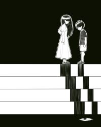  1boy 1girl alternate_costume antenna_hair brother_and_sister dress greyscale highres loafers long_hair mari_(faraway)_(omori) mari_(omori) monochrome no_eyes omori open_mouth outline shirt shoes short_hair short_sleeves shorts siblings something_(omori) spoilers stairs sunny_(omori) t-shirt tsuno_(ikkakusu) 