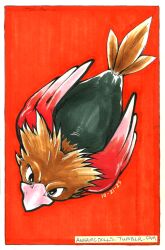 annamcdolls artist_name beak bird border brown_feathers dated feathered_wings feathers full_body highres inktober inktober_2025 jacket no_humans outside_border pokemon pokemon_(creature) red_jacket solo spearow traditional_media tumblr_username web_address white_border wings 