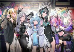  5girls :d ;p ahoge animal_print aqua_hair arm_up beret black_bow black_bra black_choker black_hair black_hat black_jacket black_pants black_shirt black_tank_top blonde_hair blue_eyes blue_hair blue_shirt blue_shorts blunt_bangs border0715 bow bra bra_over_clothes braid braided_bangs choker commentary_request cropped_shirt curtained_hair double-parted_bangs earrings flow_glow_(hololive) food grey_hair grey_pants grin hair_bow hair_flaps halter_shirt halterneck hand_up hat headphones headphones_around_neck holding holding_phone hololive hololive_dev_is isaki_riona jacket jacket_partially_removed jewelry kikirara_vivi koganei_niko lightning_ahoge long_hair long_shirt long_sleeves looking_at_viewer low_twin_braids medium_hair microphone midriff mizumiya_su multicolored_hair multiple_girls navel o-ring o-ring_choker off-shoulder_shirt off_shoulder official_art one_eye_closed one_side_up open_mouth orange-tinted_eyewear pants phone piercing pink_hair purple_arm_warmers purple_hair raglan_sleeves red_eyes rindo_chihaya round_eyewear see-through_clothes see-through_shirt shirt shoes short_shorts shorts side_braid sidelocks sleeveless sleeveless_shirt smile straight_hair streaked_hair striped_clothes sukajan sunglasses sweatpants swept_bangs tank_top tiger_print tinted_eyewear tongue tongue_out torn_clothes torn_shirt twin_braids twintails two-tone_pants underwear virtual_youtuber walking white_hair white_jacket white_pants white_shirt 