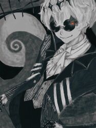  1boy black_crown crown diamond_hairband gloves highres jacket long_sleeves looking_at_viewer male_focus pinstripe_pattern pinstripe_suit pinstripe_vest round_eyewear short_hair skeleton_print skully_j._graves smile solo striped_clothes striped_vest suit the_nightmare_before_christmas twisted_wonderland user_znvh7455 vertical-striped_clothes vertical-striped_vest vest white_hair 