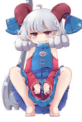  1girl ahoge bare_shoulders barefoot blue_dress commentary_request detached_sleeves dress full_body grey_hair grin highres horn_ornament horn_ribbon horns jitome looking_at_viewer muuba oversized_object paid_reward_available pointy_ears red_eyes red_horns ribbon sharp_teeth sheep_horns short_hair simple_background smile solo spork squatting teeth touhou toutetsu_yuuma white_background 
