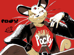  1boy 1other artist_logo artist_name black_suit bluesky_logo brand_name_imitation claws closed_mouth english_commentary fang fang_out food food_in_mouth forehead_jewel furry furry_male grey_pants holding holding_food holding_pocky logo male_focus only_jerry pants patreon_logo pocky pocky_in_mouth pokemon pokemon_(creature) red_background red_eyes red_shirt shirt smile suit twitter_logo whiskers youtube_logo 