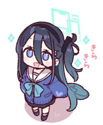  1girl :d aris_(blue_archive) black_hair black_shoes black_skirt blue_archive blue_bow blue_bowtie blue_cardigan blue_eyes blush bow bowtie cardigan check_commentary chibi chibi_only commentary_request double-parted_bangs full_body green_halo hair_between_eyes halo long_hair long_hair_between_eyes long_sleeves one_side_up open_mouth rectangular_halo sailor_collar school_uniform serafuku shoes simple_background skirt smile solo sparkle standing white_background white_sailor_collar yoru_nai 