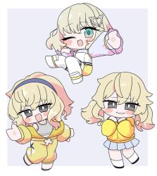  1girl ;d black_shoes blue_background blue_hairband blue_skirt blush_stickers border brown_hair chibi commentary_request green_eyes grey_hair hair_between_eyes hair_ornament hairband heart heart_hair_ornament jacket long_sleeves miranofuudoria multiple_views negative_happy off_shoulder one_eye_closed open_clothes open_jacket pants pleated_skirt puffy_long_sleeves puffy_sleeves shoes shorts skirt smile socks takanashi_chroe thigh-highs white_border white_shoes white_socks white_thighhighs yellow_jacket yellow_pants yellow_shorts 