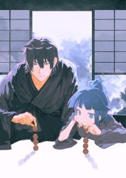  1boy 1girl ball black_hair black_kimono blue_eyes blue_hair chinese_commentary closed_mouth commentary concentrating frown grey_kimono hand_on_own_cheek hand_on_own_face highres holding holding_ball japanese_clothes kimono long_sleeves looking_at_object minato_hikaru minato_kageaki ponytail short_hair shouji sliding_doors smile soukou_akki_muramasa stacking toy tuzaixia v-shaped_eyebrows yellow_eyes yukata 