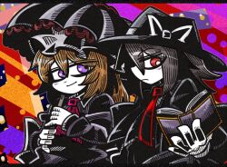  ascot black_capelet black_hair black_hat black_skirt blonde_hair blush book bow capelet dress hair_between_eyes hat hat_bow holding holding_book holding_umbrella long_dress looking_at_another looking_at_object maribel_hearn medium_hair mob_cap necktie pink_ascot purple_dress reading red_eyes sash shirt short_hair skirt sleeve_cuffs suenari_(peace) touhou umbrella usami_renko violet_eyes white_bow white_hat white_shirt 