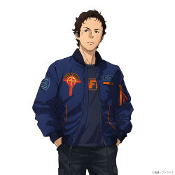  1boy bomber_jacket brown_eyes brown_hair copyright_notice cowboy_shot gundam gundam_hathaway's_flash hands_in_pockets hathaway_noa highres jacket long_sleeves looking_at_viewer male_focus official_art promotional_art shirt short_hair simple_background solo white_background 
