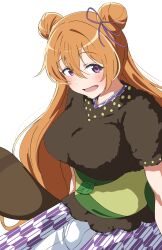  1girl :d absurdres black_shirt blush breasts commentary cowboy_shot double_bun fur_shirt green_sash hair_between_eyes hair_bun hair_ribbon highres konoe_kanata large_breasts leaf long_hair looking_at_viewer love_live! love_live!_nijigasaki_high_school_idol_club nijigaku_hyakkiyakou official_alternate_costume open_mouth purple_ribbon raccoon_tail ribbon sash shirt short_sleeves simple_background sitting smile solo tail uchuu_no_mozuku underbust very_long_hair violet_eyes white_background yagasuri 
