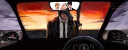  2boys 2girls black_hair black_necktie black_suit blonde_hair car_interior chainsaw_man collared_shirt denji_(chainsaw_man) doeun_o_o gun_fiend_(chainsaw_man) hayakawa_aki highres horns jacket makima_(chainsaw_man) multiple_boys multiple_girls necktie pink_hair power_(chainsaw_man) rear-view_mirror red_hair red_horns reflection shirt steering_wheel suit suit_jacket white_shirt 