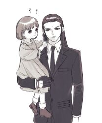  1boy 1girl ah_yoshimizu black_hair black_jacket black_necktie carrying carrying_person child closed_mouth collared_shirt commentary_request dress final_fantasy final_fantasy_vii final_fantasy_vii_remake greyscale hair_slicked_back highres jacket long_hair marlene_wallace monochrome musical_note necktie shirt short_hair simple_background socks suit_jacket tseng turks_(ff7) upper_body white_background white_shirt 