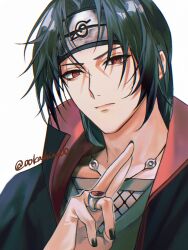  00kashian00 1boy black_coat black_hair black_headband black_nails coat commentary_request expressionless forehead_protector headband highres jewelry konohagakure_symbol male_focus naruto_(series) necklace portrait red_eyes ring sharingan solo twitter_username uchiha_itachi 