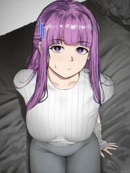  1girl absurdres breasts clothing_cutout commentary contemporary devovas fern_(sousou_no_frieren) from_above grey_pants half_updo highres medium_breasts pants purple_hair purple_nails ribbed_shirt shirt sitting sleeves_past_wrists solo sousou_no_frieren sweatdrop violet_eyes yoga_pants 