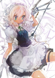  1girl absurdres apron black_skirt blue_vest braid closed_mouth commentary green_ribbon hair_between_eyes highres holding holding_knife izayoi_sakuya kaamin_(mariarose753) knife maid maid_headdress neck_ribbon ribbon shirt short_sleeves skirt solo thigh_strap touhou vest weapon white_apron white_hair white_shirt 