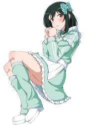  1girl absurdres apron aqua_bow blush bow commentary_request dress fang frilled_dress frills full_body green_dress green_leg_warmers green_ribbon hair_bow highres jersey_maid leg_warmers long_sleeves looking_at_viewer love_live! love_live!_nijigasaki_high_school_idol_club maid mifune_shioriko neck_ribbon official_alternate_costume open_mouth pleated_apron red_eyes ribbon shoes short_dress simple_background solo uchuu_no_mozuku unconventional_maid waist_apron white_apron white_background white_shoes 