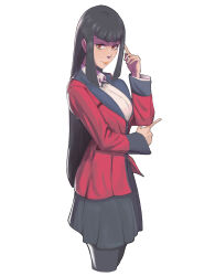  1girl bad_link black_hair black_pantyhose black_skirt blunt_bangs highres jabami_yumeko jacket kakegurui long_hair long_sidelocks long_sleeves looking_at_viewer painting_(medium) pantyhose pointing red_eyes red_jacket shirt sidelocks simple_background skirt smile solo standing suit_jacket toni_sanri traditional_media white_background white_shirt 