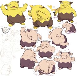  ! arm_up closed_eyes closed_mouth color_guide commentary_request drowzee kumedaira multiple_views no_humans pokemon pokemon_(creature) simple_background spoken_exclamation_mark squiggle translation_request 