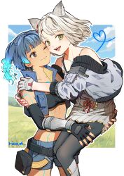  2girls absurdres animal_ears bare_shoulders black_pantyhose blue_hair blue_shorts blue_sky blush border carrying carrying_person cat_ears chest_jewel closed_mouth clouds commentary_request core_crystal_(xenoblade) dark-skinned_female dark_skin fangs fingerless_gloves gloves green_eyes grey_gloves grey_hair highres looking_at_another looking_at_viewer midriff mio_(xenoblade) multiple_girls one_eye_closed open_mouth outside_border pantyhose rico_ot sena_(xenoblade) short_hair short_shorts shorts sky smile stomach white_border xenoblade_chronicles_(series) xenoblade_chronicles_3 