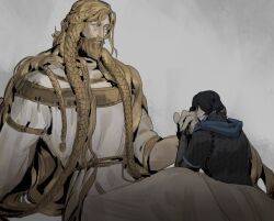 1boy 1girl absurdres ashuldur beard black_hair blonde_hair blush braid commentary crown_braid elden_ring english_commentary facial_hair full_beard highres holding_hands long_hair looking_at_another manly medium_hair miquella_(elden_ring) multiple_braids sitting sleeveless_tunic tarnished_(elden_ring) thick_beard tunic twin_braids very_long_hair white_eyes white_tunic 