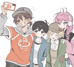  1girl 3boys :d ;d \||/ ^_^ alternate_skin_color animal_charm animal_ear_headphones animal_ears antenna_hair aqua_bow aqua_eyes arm_behind_back arm_up aubrey_(birthday)_(omori) aubrey_(faraway)_(omori) aubrey_(omori) bare_shoulders baseball_cap basil_(birthday)_(omori) basil_(faraway)_(omori) basil_(omori) basketball belt black_belt black_eyes black_hair black_pants black_shirt blonde_hair blue_jacket blue_pants blush bow braid bright_pupils brown_eyes brown_hair brown_hat brown_overalls buttons camouflage camouflage_pants cardigan charm_(object) closed_eyes closed_mouth clothes_writing collarbone collared_jacket collared_shirt cowboy_shot crop_top cropped_shirt denim denim_jacket double-parted_bangs drawstring english_text expressionless fake_animal_ears forest_bunny?_(omori) green_cardigan grey_hat grey_hoodie grin hair_behind_ear hair_between_eyes hair_bow hair_ornament hair_over_shoulder hand_on_another&#039;s_shoulder hashtag-only_commentary hat headphones hector_(omori) highres hood hood_down hoodie jacket jacket_partially_removed jeans kel_(birthday)_(omori) kel_(faraway)_(omori) kel_(omori) layered_sleeves long_hair long_sleeves looking_at_phone low_twin_braids midriff multiple_boys newsboy_cap notice_lines official_alternate_costume official_alternate_hairstyle omori one_eye_closed open_cardigan open_clothes open_jacket open_mouth orange_shirt overalls pale_skin pants phone pink_hair pink_jacket puffy_long_sleeves puffy_sleeves rabbit_ear_headphones rabbit_ears raised_inner_eyebrows ribbed_shirt selfie shirt short-sleeved_jacket short_hair short_over_long_sleeves short_sleeves simple_background sleeveless sleeveless_shirt smile standing sunny_(birthday)_(omori) sunny_(omori) tareme tongue tongue_out twin_braids v very_short_hair white_background white_pupils white_shirt wktdms1 