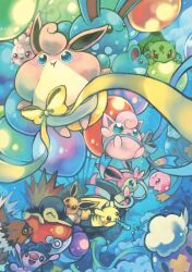 altaria azumarill balloon blue_eyes blue_ribbon bulbasaur commentary_request cyndaquil drifblim drifloon eevee ho-oh igglybuff jigglypuff marill master_ball mew mew_(pokemon) mime_jr. munna no_humans pikachu poke_ball poke_ball_(basic) pokemon pokemon_(creature) puffy_cheeks ribbon smile swablu sylveon telescope toneko wigglytuff zigzagoon