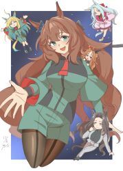  5girls absurdres ahoge animal_ears aqua_hair arms_up asticassia_school_uniform black_bow black_hair blonde_hair blue_bow blue_eyes blue_hair bow bright_pupils brown_hair brown_pantyhose chuatury_panlunch chuatury_panlunch_(cosplay) colored_inner_hair commentary_request copano_rickey_(umamusume) cosplay dated double_bun ear_bow ear_covers ear_ornament ellerslie_pride_(umamusume) flower green_eyes green_shorts grey_jacket grey_pants gundam gundam_suisei_no_majo hair_between_eyes hair_bow hair_bun hair_flower hair_ornament highres horse_ears horse_girl horse_tail jacket kyoshinsya_ysis lilique_kadoka_lipati lilique_kadoka_lipati_(cosplay) maruzensky_(umamusume) mini_person minigirl miorine_rembran miorine_rembran_(cosplay) multicolored_hair multiple_girls necktie neo_universe_(umamusume) nika_nanaura nika_nanaura_(cosplay) noto_mamiko open_clothes open_jacket outside_border pants pantyhose pink_eyes prospera_mercury prospera_mercury_(cosplay) puffy_sleeves reaching reaching_towards_viewer red_bow red_necktie saint_lite_(umamusume) school_uniform sheer_pantyhose shiraishi_haruka_(voice_actor) shoes short_necktie shorts sidelocks signature sneakers star_(sky) starry_sky_background tail tomita_miyu two-tone_hair two-tone_tail umamusume voice_actor_connection white_shoes wide_sleeves 
