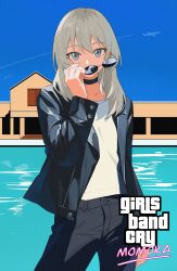  1girl aircraft airplane black_choker black_jacket black_pants blue_sky brand_name_imitation building choker commentary contrail cowboy_shot fromgod_jungle girls_band_cry grand_theft_auto grand_theft_auto:_vice_city grey_eyes grey_hair highres jacket kawaragi_momoka long_hair looking_at_viewer outdoors pants removing_eyewear shirt sky solo sunglasses symbol-only_commentary t-shirt white_shirt 