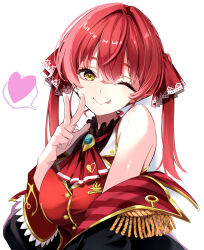  1girl ascot black_choker black_coat choker closed_mouth coat frilled_choker frills hair_ribbon heart highres hololive houshou_marine houshou_marine_(1st_costume) jacket looking_at_viewer neji_mawashi3 one_eye_closed red_ascot red_coat red_jacket red_ribbon ribbon sleeveless sleeveless_jacket smile solo spoken_heart tongue tongue_out two-sided_coat two-sided_fabric virtual_youtuber white_background yellow_eyes 