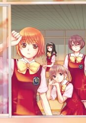  4girls against_window black_eyes black_hair bow bowtie breasts brown_eyes brown_hair ceiling chair classroom closed_mouth collared_shirt cowboy_shot desk door dress elbow_rest expressionless from_outside glasses hair_between_eyes hairband highres kamiizumi_yasuna kashima_high_school_uniform kashimashi katsura_yukimaru kurusu_tomari looking_at_viewer looking_outside mari_ayuki multiple_girls non-web_source official_art on_chair open_window orange_eyes orange_hair osaragi_hazumu own_hands_together parted_lips pinafore_dress pleated_skirt purple_hair red_dress red_skirt red_vest school_chair school_desk school_emblem school_uniform semi-rimless_eyewear shirt short_hair short_sleeves sitting skirt skirt_set sleeveless sleeveless_dress source_request standing summer_uniform under-rim_eyewear upper_body vest violet_eyes white_hairband white_shirt window wooden_ceiling yellow_bow yellow_bowtie 
