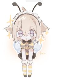  1girl :o alternate_costume antennae bee_wings black_skirt blonde_hair deformed grey_eyes grey_shirt hair_between_eyes hair_flaps insect_wings kneehighs looking_at_viewer maid_headdress marie_brag77854 miniskirt oekaki shirt sidelocks skirt socks solo sparkle striped_clothes striped_shirt striped_socks urotsuki white_socks wings yellow_shirt yellow_socks yume_2kki 