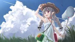  1girl bag bare_shoulders belt_collar black_bow black_ribbon blunt_bangs blurry blurry_foreground blush bow bracelet braid bug_cage butterfly_net clouds collar collarbone contrail cowboy_shot cumulonimbus_cloud dress efu_(ehutan) fangs grass grey_hair hair_ribbon hand_net hand_on_headwear handbag hat hat_bow highres holding holding_butterfly_net jewelry lace_trim long_hair looking_ahead low_twin_braids makaino_ririmu makaino_ririmu_(3rd_costume) multicolored_hair nijisanji open_mouth pointy_ears red_bag red_collar red_eyes red_streaks ribbon shoulder_bag sidelocks sky sleeveless sleeveless_dress solo standing strap_slip straw_hat streaked_hair sundress twin_braids two-tone_hair virtual_youtuber white_dress wings 