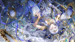  1boy absurdres ancient_greek_clothes aqua_gemstone armillary_sphere armlet blue_gemstone braid cael_anselm capricorn_(constellation) capricorn_(symbol) checkered_floor chinese_commentary constellation crown floating full_body gauntlets gem gold_armlet gold_bracer gold_necklace greco-roman_clothes guaisanmu hair_between_eyes head_chain highres himation holding holding_sword holding_weapon impaled indoors jewelry light_particles long_bangs long_hair long_hair_between_eyes looking_at_viewer lovebrush_chronicles male_focus merman mirror monster_boy monsterification necklace official_alternate_costume parted_lips pendant purple_ribbon purple_sash ribbon sash shoulder_necklace side_braid single_gauntlet sleeveless solo sun_symbol sword tunic very_long_hair violet_eyes watermark wavy_hair weapon weibo_watermark white_hair white_tunic window 