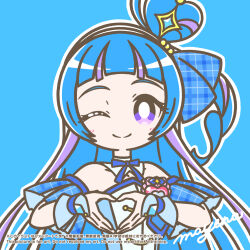  1girl ;) aokaze_nana arched_bangs artist_name bare_shoulders blue_background blue_bow blue_bowtie blue_dress blue_hair blue_theme blue_wrist_cuffs bow bowtie bright_pupils brooch closed_mouth collar collarbone commentary cure_wink detached_collar detached_sleeves dress hair_bobbles hair_ornament hairband heart heart-shaped_hair heart_brooch heart_hands highres idol idol_heart_brooch_(precure) jewelry kimi_to_idol_precure long_hair looking_at_viewer magical_girl mayena multicolored_hair no_nose one_eye_closed outline plaid_bow plaid_clothes plaid_sleeves precure purple_streaks signature smile solo split_mouth straight_hair strapless strapless_dress streaked_hair two-tone_hair upper_body violet_eyes white_collar white_hairband white_outline white_pupils wrist_cuffs 