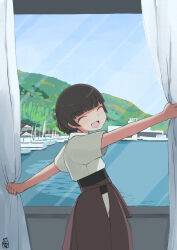  1girl absurdres black_hair blunt_bangs braid brown_hakama closed_eyes commentary_request curtain_grab curtains dougi from_behind hair_bun hakama highres japanese_clothes kantai_collection long_hair looking_back smile solo toplow twin_braids window yawata_maru_(kancolle) 