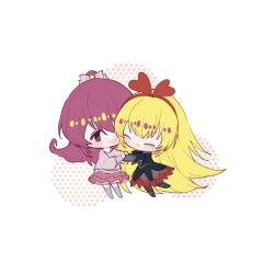  2girls ^_^ absurdly_long_hair aida_mana black_dress black_pantyhose blonde_hair bow bow_hairband bow_legwear chibi chinese_commentary closed_eyes commentary_request dokidoki!_precure dress frilled_dress frills grey_dress grey_shirt grey_thighhighs hair_between_eyes hair_bow hair_bun hair_ornament hairband halftone happy hug layered_dress layered_shirt layered_sleeves leg_up long_hair long_sleeves looking_at_another medium_dress miniskirt multiple_girls no_shoes pantyhose petticoat pink_bow pink_eyes pink_hair pink_shirt pink_skirt pleated_skirt precure quqi_xiao_shuang red_bow red_hairband regina_(dokidoki!_precure) shirt short_over_long_sleeves short_sleeves single_hair_bun skirt standing striped_sleeves tareme thigh-highs very_long_hair white_background yuri zettai_ryouiki 