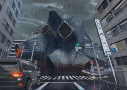  1other absurdres building bullton car city clouds cloudy_sky commentary_request crosswalk flag fluorescent_lamp from_below giant giant_monster highres kaiju king_joe_(neoroto) license_plate motor_vehicle no_humans outdoors rain reflection road_sign shell sign sky traffic_light ultra_series ultraman_(1st_series) wet 