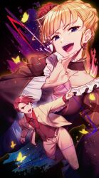  1boy 1girl :d beatrice_(umineko) belt black_background black_choker black_dress black_necktie blonde_hair blue_eyes blunt_bangs braid braided_bun bug butterfly choker collared_shirt commentary_request dress dress_shirt evil_smile eyelashes flower frilled_choker frilled_sleeves frills full_body glowing_butterfly hair_bun hair_flower hair_ornament hand_up highres index_finger_raised juliet_sleeves laughing light_particles lips long_sleeves looking_at_viewer marutenmaruten necktie ojou-sama_pose open_mouth pants partial_commentary pointing puffy_sleeves red_flower red_hair red_shirt shirt simple_background single_hair_bun slit_pupils smile suit teeth umineko_no_naku_koro_ni upper_body upper_teeth_only ushiromiya_battler v-shaped_eyebrows white_pants white_suit wide_sleeves yellow_butterfly 